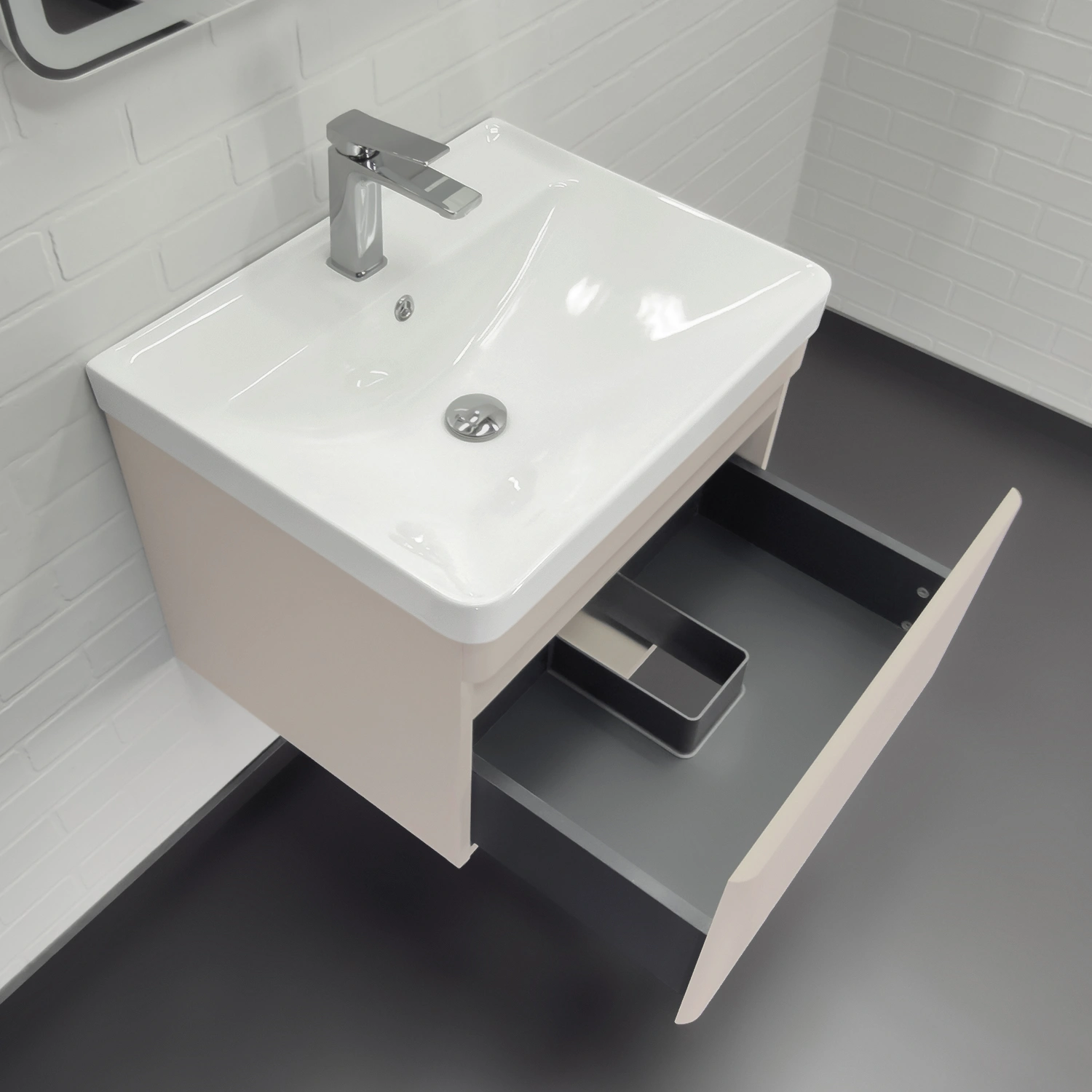 Тумба подвесная Comforty Енисей-60П серый шелк с раковиной 4460 от магазина Vanna-Vanna.ru!