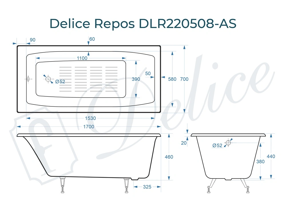 Ванна чугунная Delice Repos 170х70 DLR220508-AS с антискользящим покрытием от магазина Vanna-Vanna.ru!