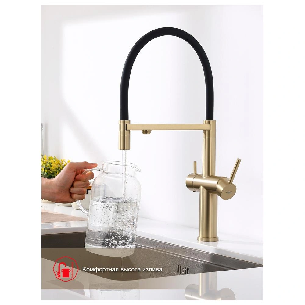 Смеситель для кухни с подключением фильтра Raglo R20.63.03, золотой сатин от магазина Vanna-Vanna.ru!