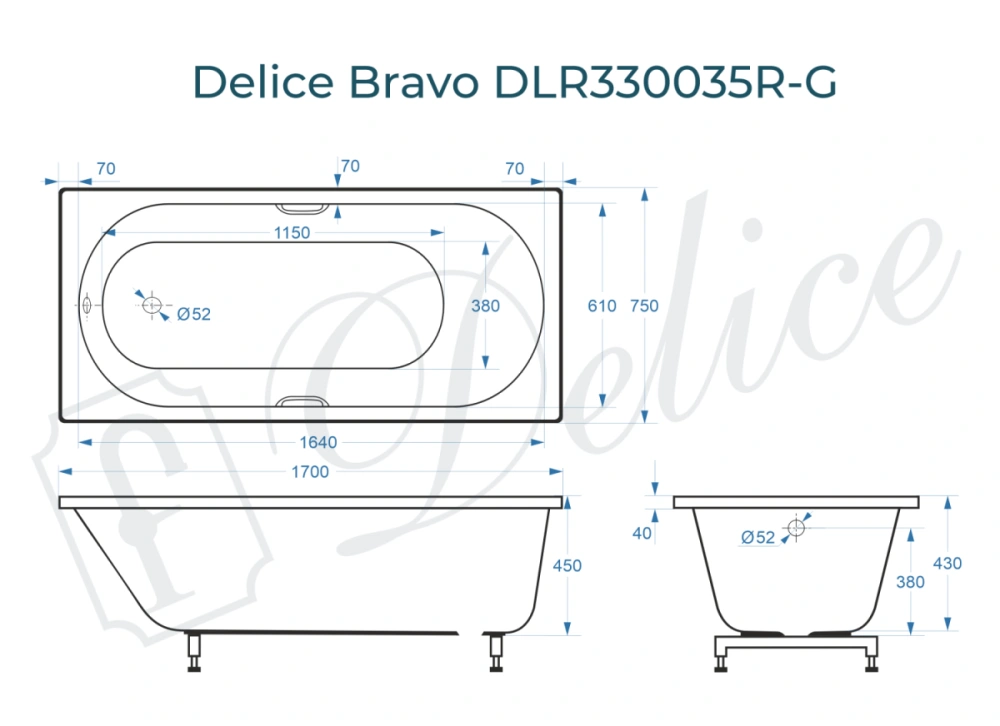 Ванна из литьевого мрамора Delice Bravo 170х75 глянцевая с ручками Хром DLR330035R-G от магазина Vanna-Vanna.ru!