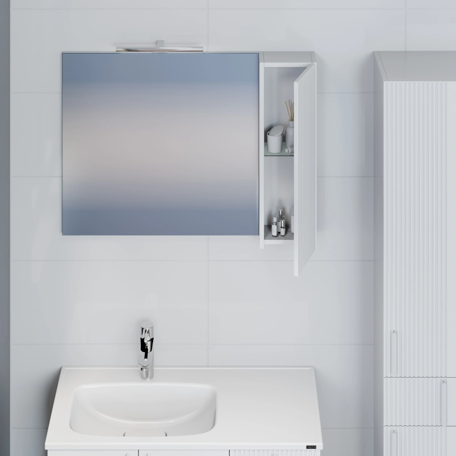 Зеркало со шкафчиком Санта Вега 90 свет, универсальное, белый от магазина Vanna-Vanna.ru!