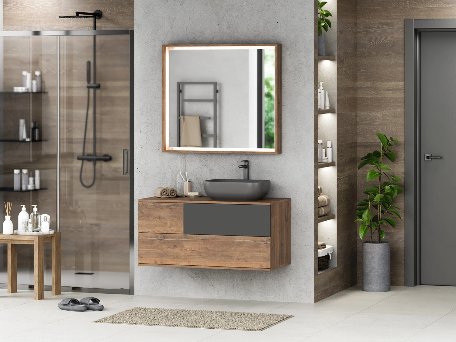 Тумба с раковиной Misty Коломбо 100 подвесная R, дуб галифакс/антрацит от магазина Vanna-Vanna.ru!