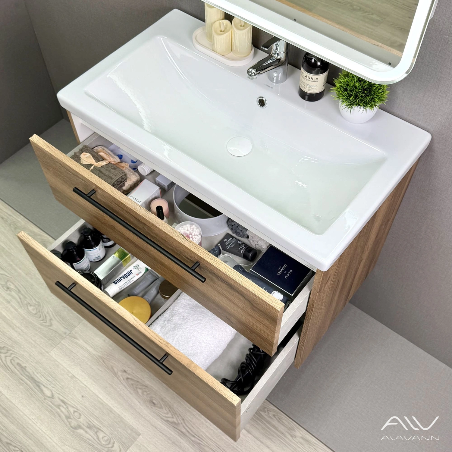 Тумба подвесная Alavann Rondo 80 с раковиной Como 80, дуб