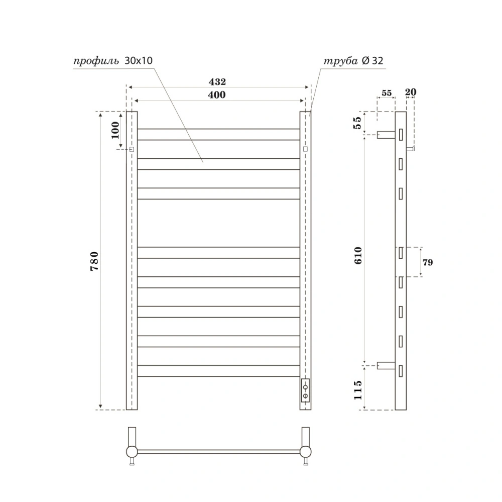Полотенцесушитель электрический APEXTERMO Sfera SF10184BM 800x400 с крючками, черный матовый от магазина Vanna-Vanna.ru!