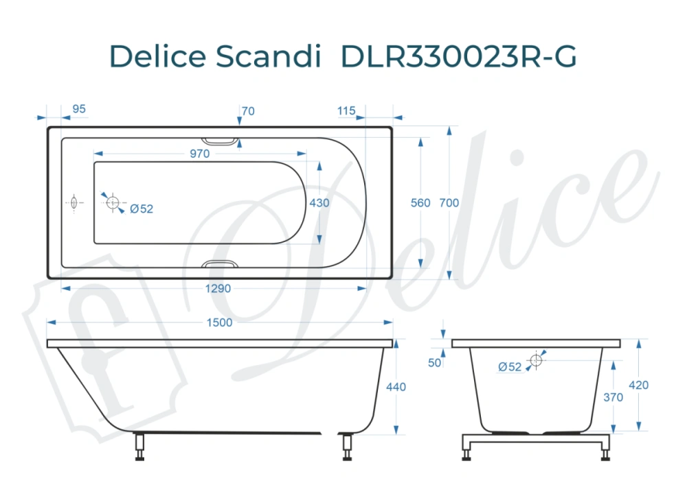 Ванна из литьевого мрамора Delice Scandi 150х70 глянцевая с ручками Хром DLR330023R-G от магазина Vanna-Vanna.ru!