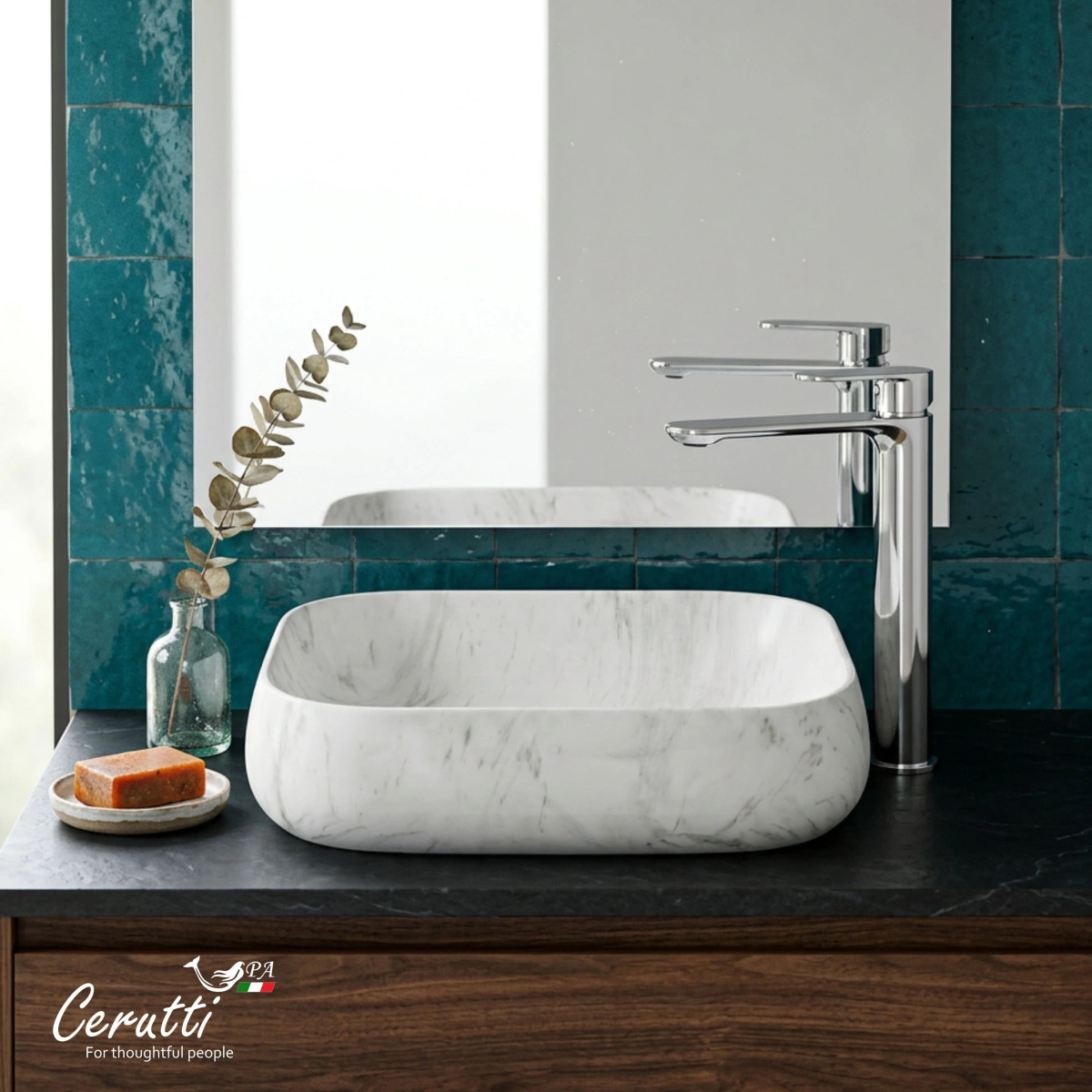 Раковина Ceruttispa CR0086 MMW1 накладная, мрамор матовый белый, прямоугольная 565х400х145 от магазина Vanna-Vanna.ru!