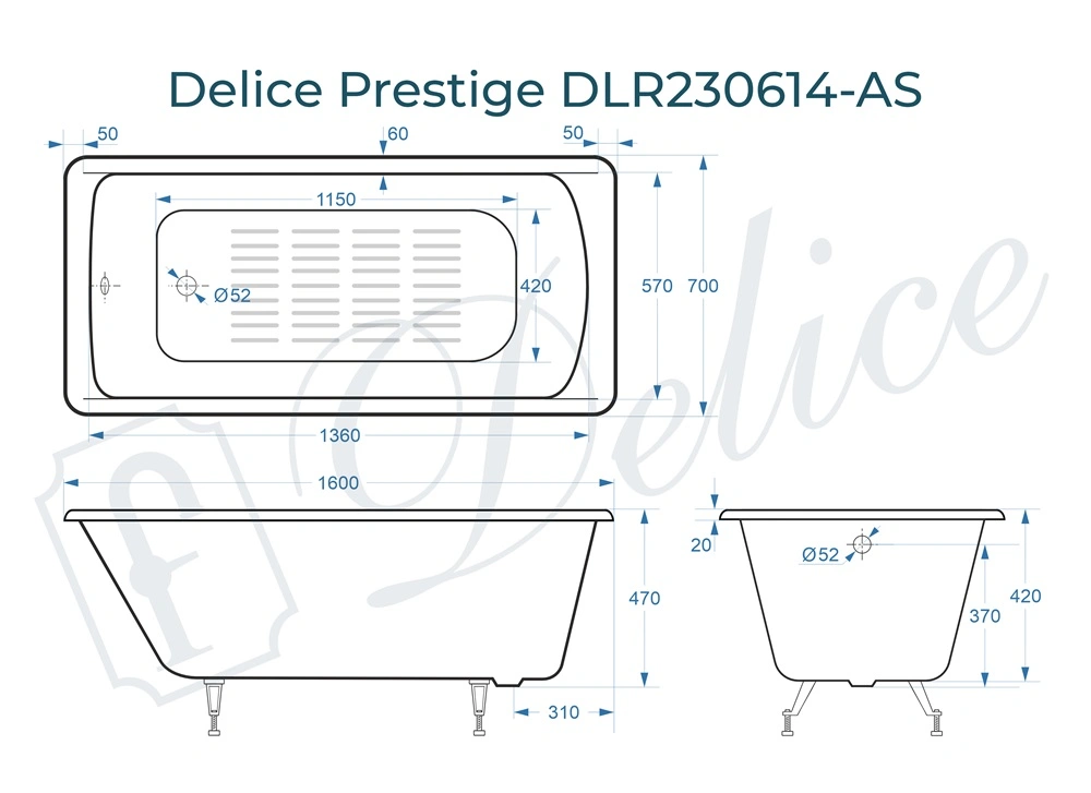 Ванна чугунная Delice Prestige 160х70 DLR230614-AS с антискользящим покрытием от магазина Vanna-Vanna.ru!