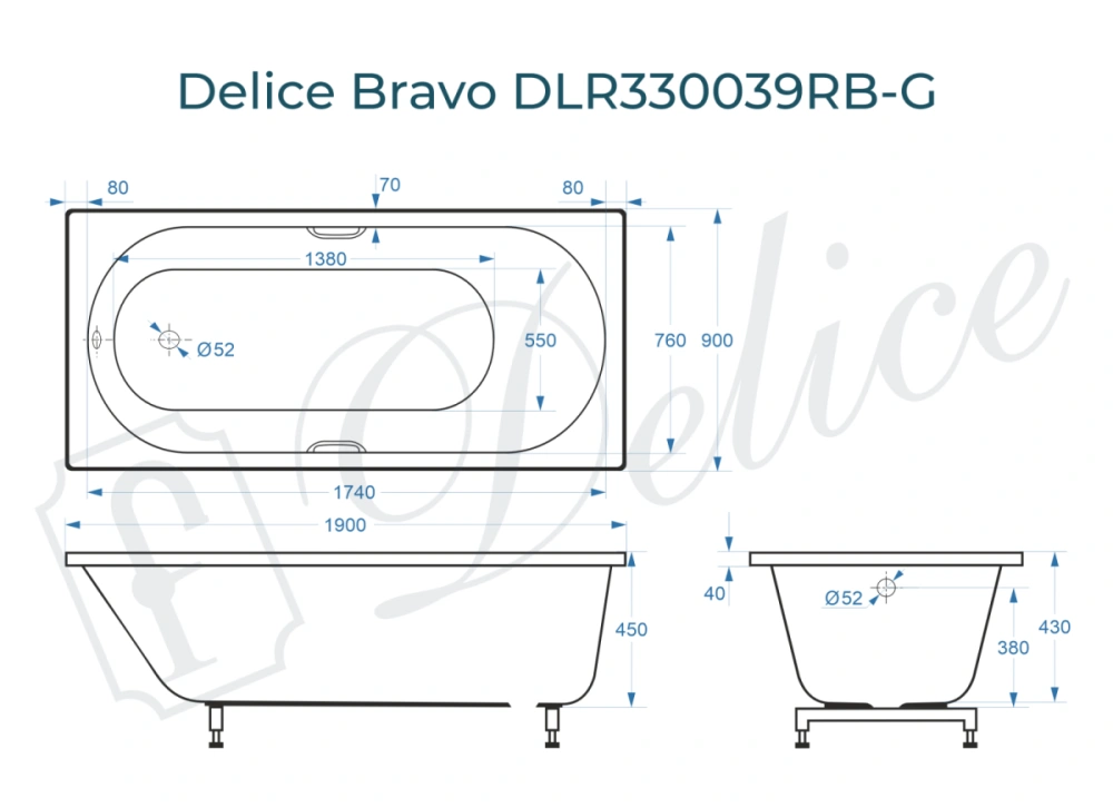 Ванна из литьевого мрамора Delice Bravo 190х90 глянцевая с черными ручками DLR330039RB-G от магазина Vanna-Vanna.ru!