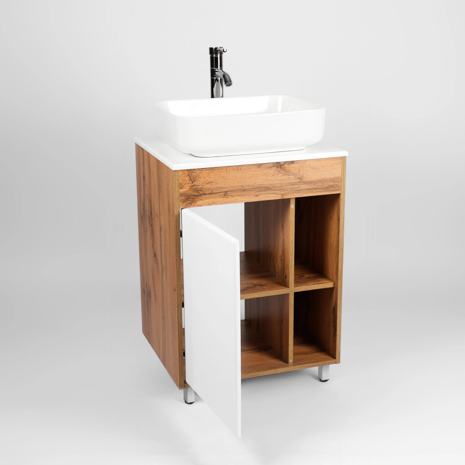 Тумба напольная Viant Бостон 56 с раковиной Moduo 50, 1 дверь, белый/дуб вотан от магазина Vanna-Vanna.ru!