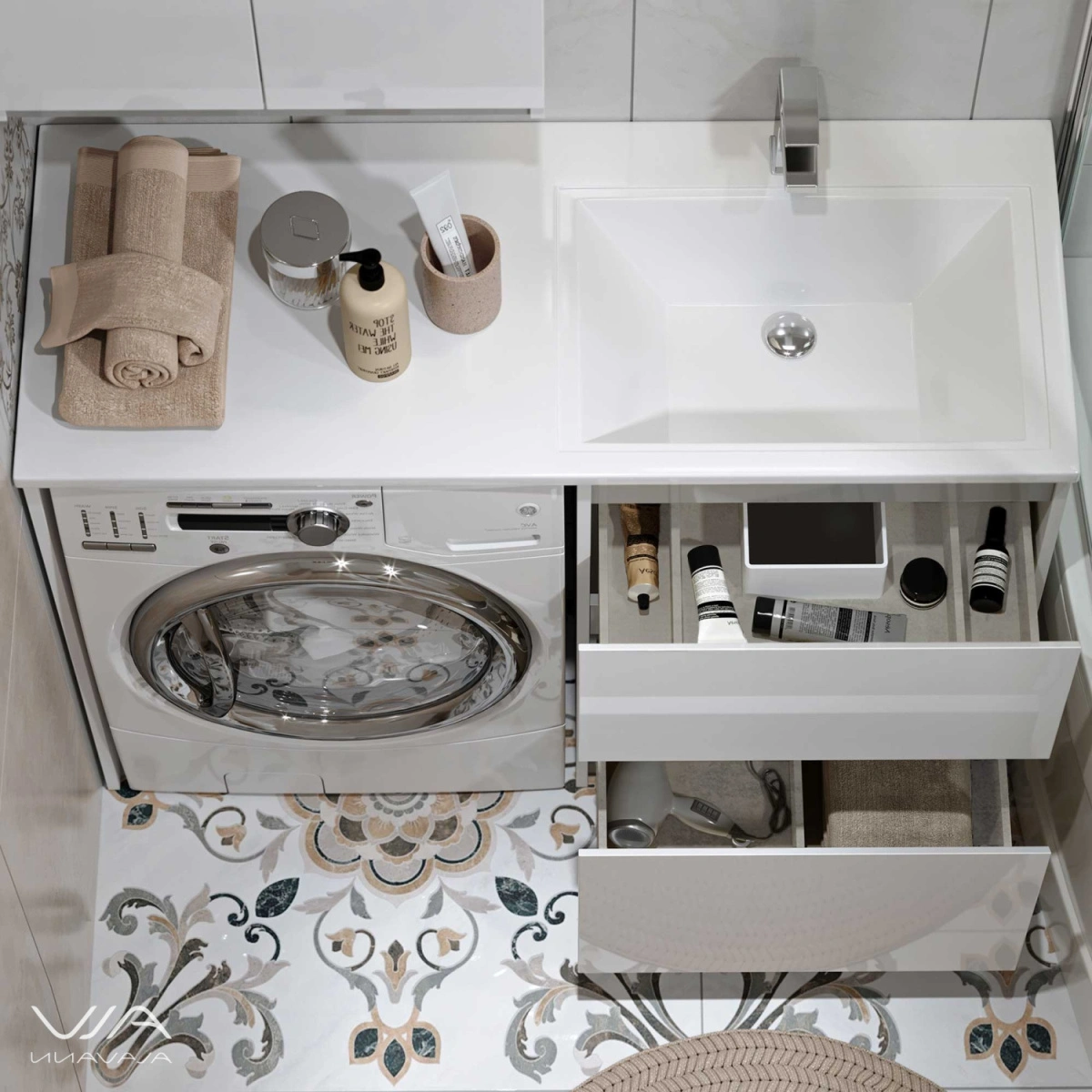 Тумба Alavann Soft Silver 53 с раковиной под стиральную машину Даллас 120 R, белая от магазина Vanna-Vanna.ru!