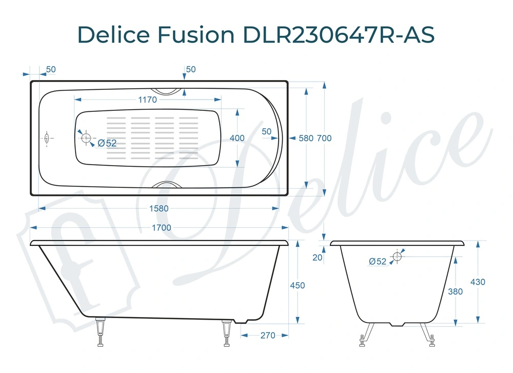 Ванна чугунная Delice Fusion 170х70 с отверстиями под ручки и антискользящим покрытием DLR230647R-AS от магазина Vanna-Vanna.ru!