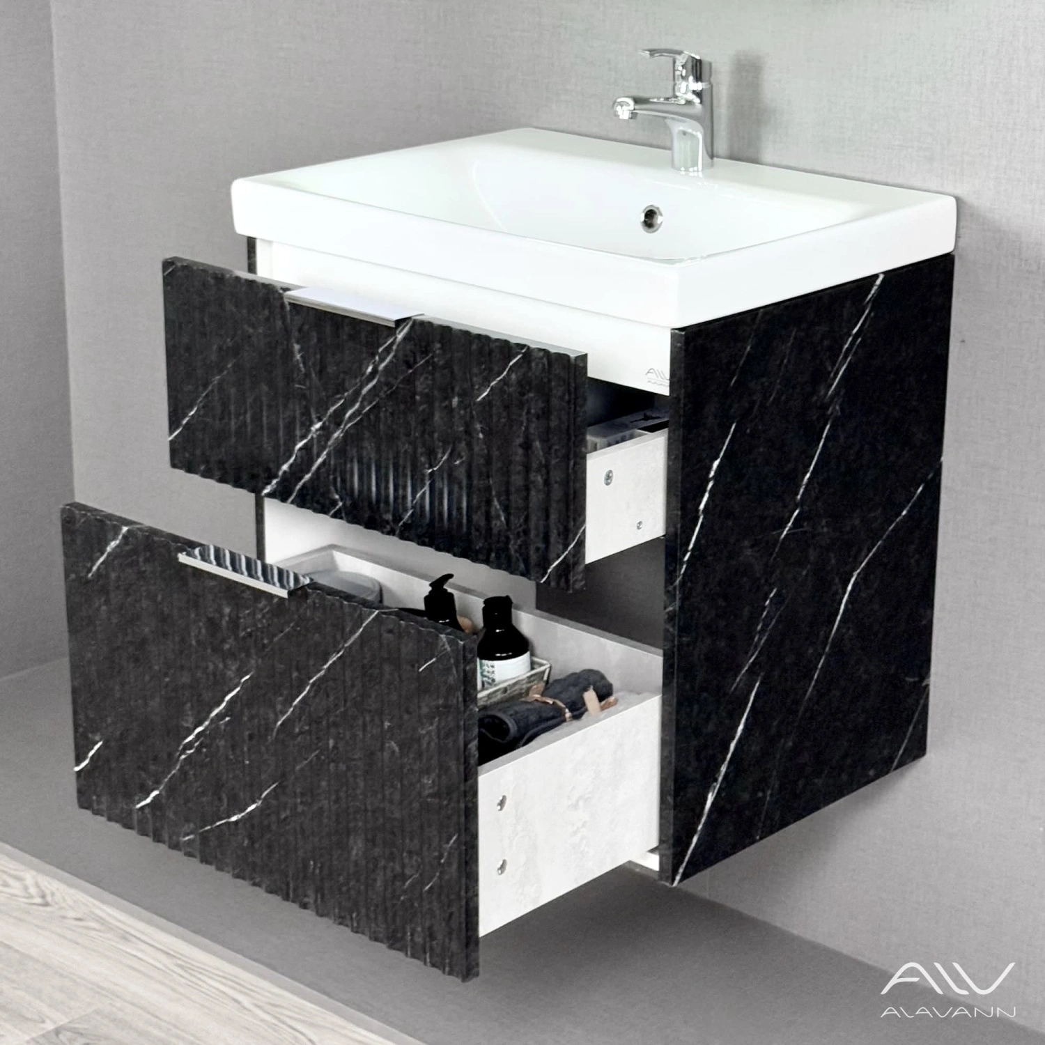 Тумба подвесная Alavann Anna 60 с раковиной Moduo 60, черный мрамор от магазина Vanna-Vanna.ru!