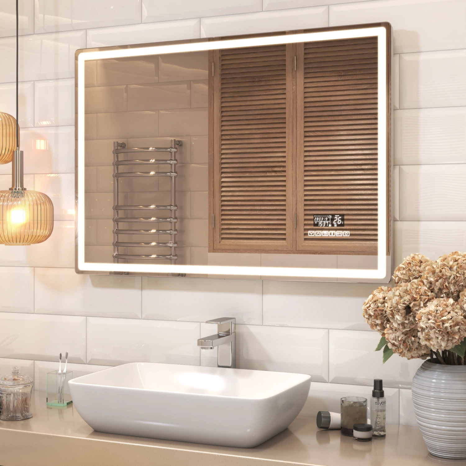 Зеркало Vigo Geometry Media 120 свет, сенсор, часы, антизапотевание от магазина Vanna-Vanna.ru!