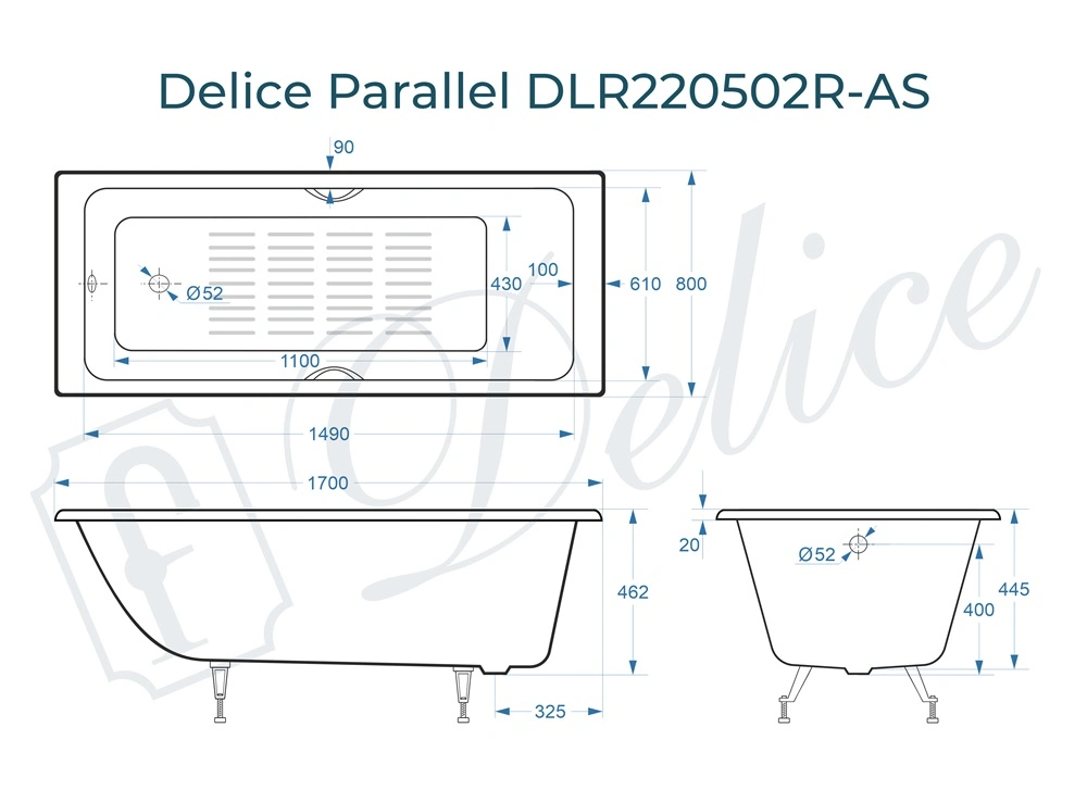 Ванна чугунная Delice Parallel 170х80 DLR220502RB-AS с черными матовыми ручками и антискользящим покрытием от магазина Vanna-Vanna.ru!