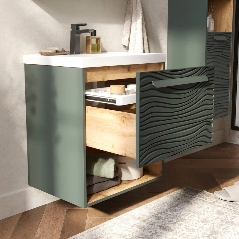 Тумба с раковиной EQUIL Gleam 60 подвесная, один ящик, зеленый камень/дуб вотан