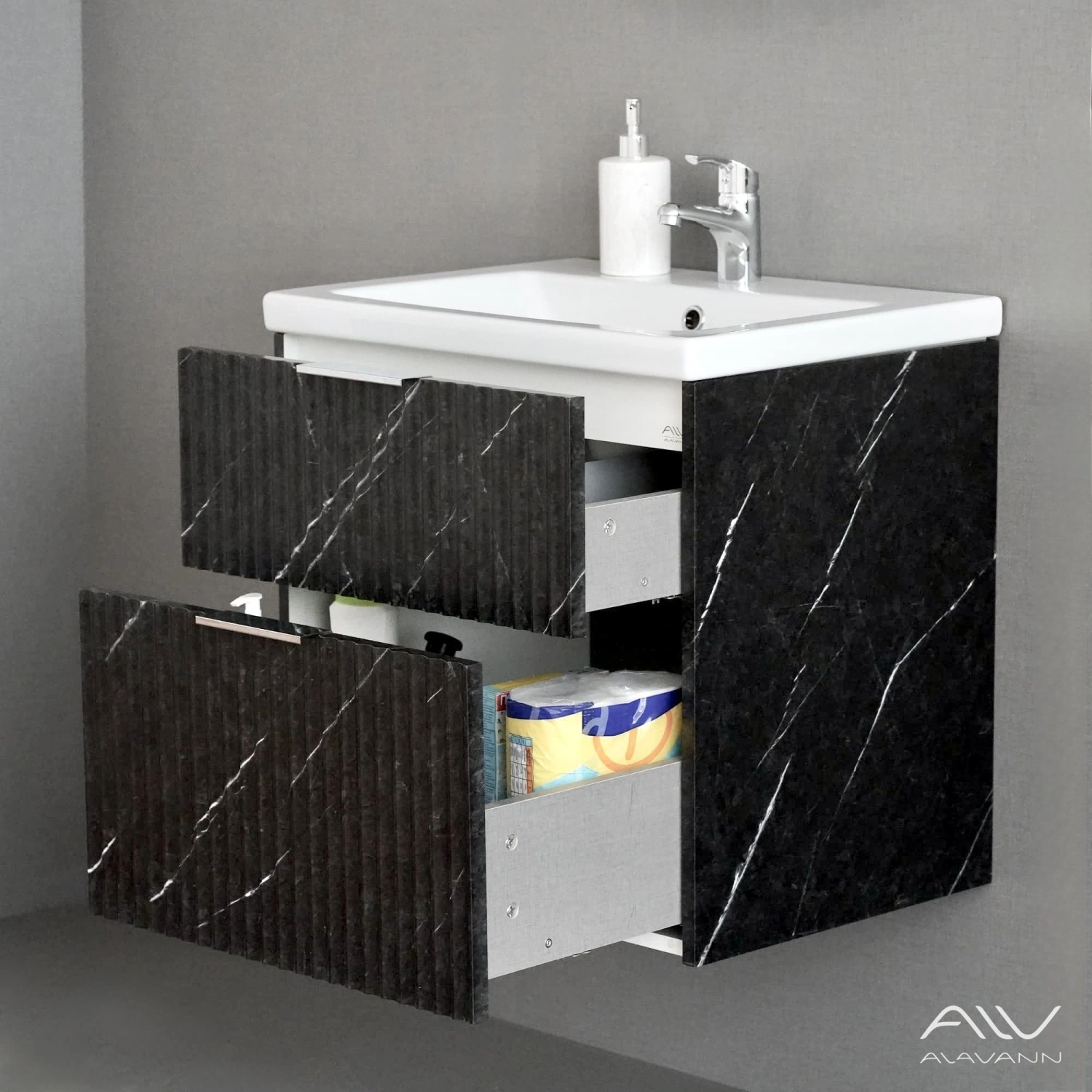Тумба подвесная Alavann Anna 60 с раковиной Como 60, черный мрамор от магазина Vanna-Vanna.ru!