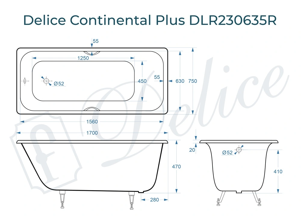 Ванна чугунная Delice Continental PLUS 170х75 DLR230635R с отверстиями под ручки от магазина Vanna-Vanna.ru!