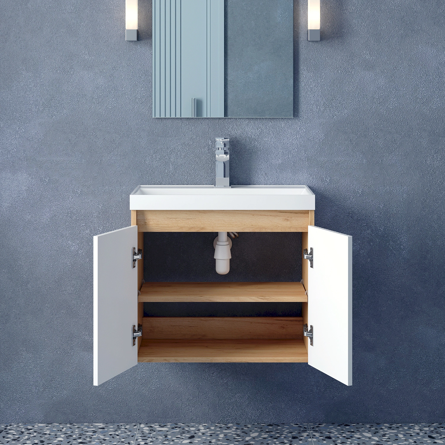 Тумба подвесная Corozo Блисс 60 с раковиной Classica Slim 60, белый/дуб крафт от магазина Vanna-Vanna.ru!