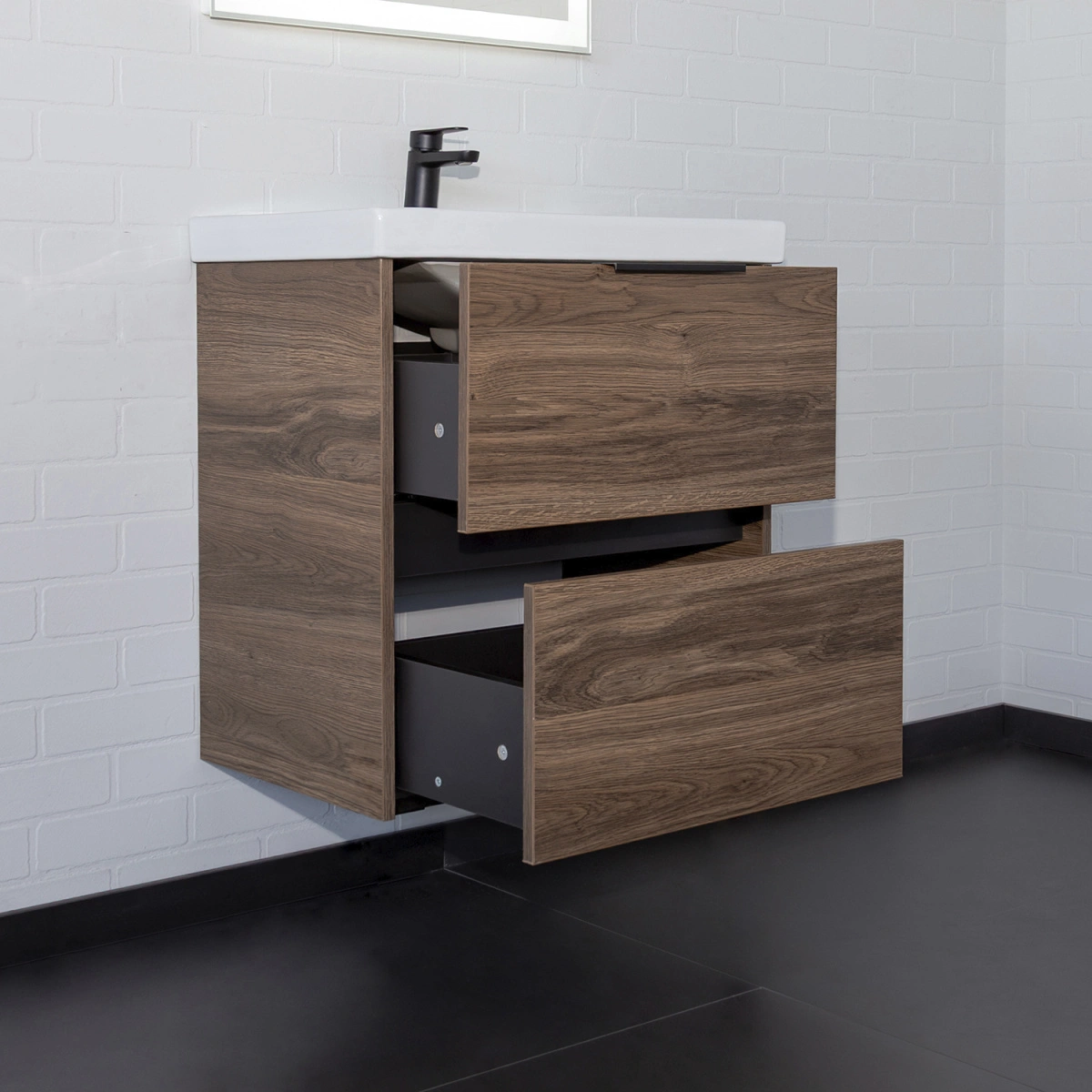 Тумба подвесная Comforty Селенга-60 дуб тёмно-коричневый с раковиной CF19696BX-60 от магазина Vanna-Vanna.ru!