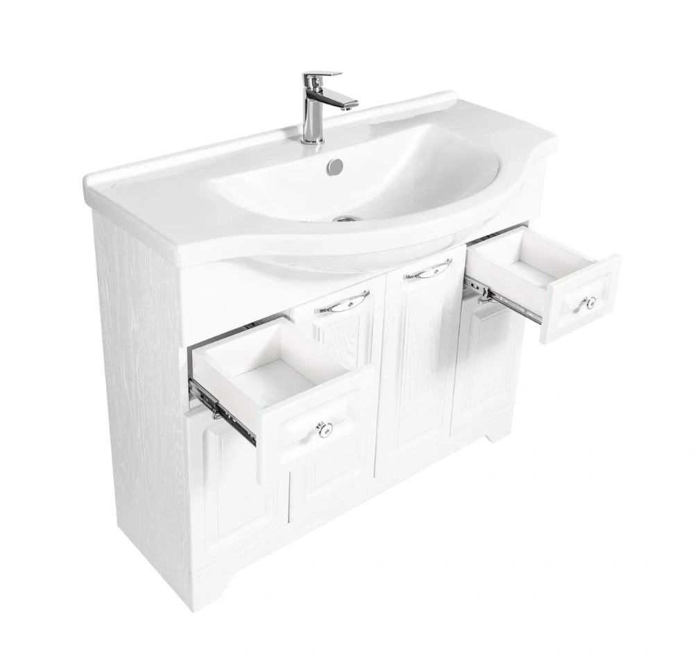 Тумба напольная Stella Polar Кармела 100 с раковиной Эльбрус 100, 2 ящ, 4 двери, Люкс белое серебро от магазина Vanna-Vanna.ru!