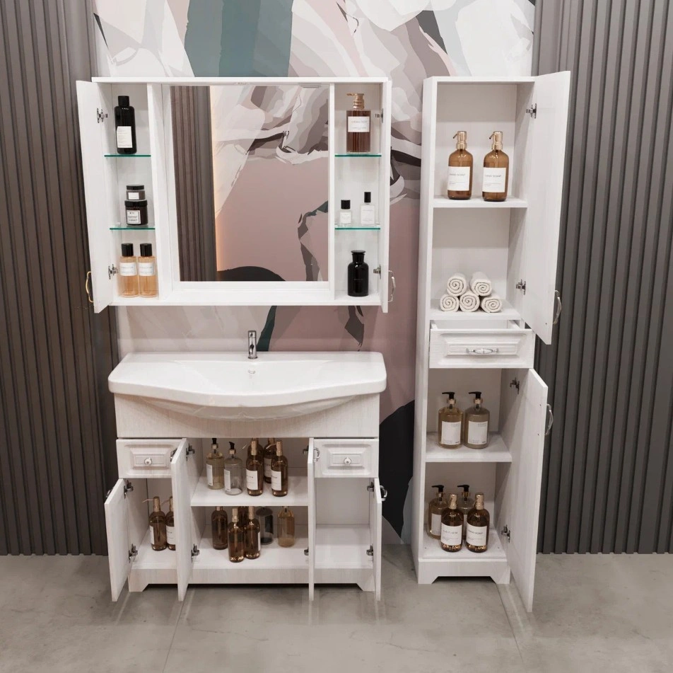 Тумба напольная Stella Polar Кармела 100 с раковиной Эльбрус 100, 2 ящ, 4 двери, Люкс белое серебро от магазина Vanna-Vanna.ru!