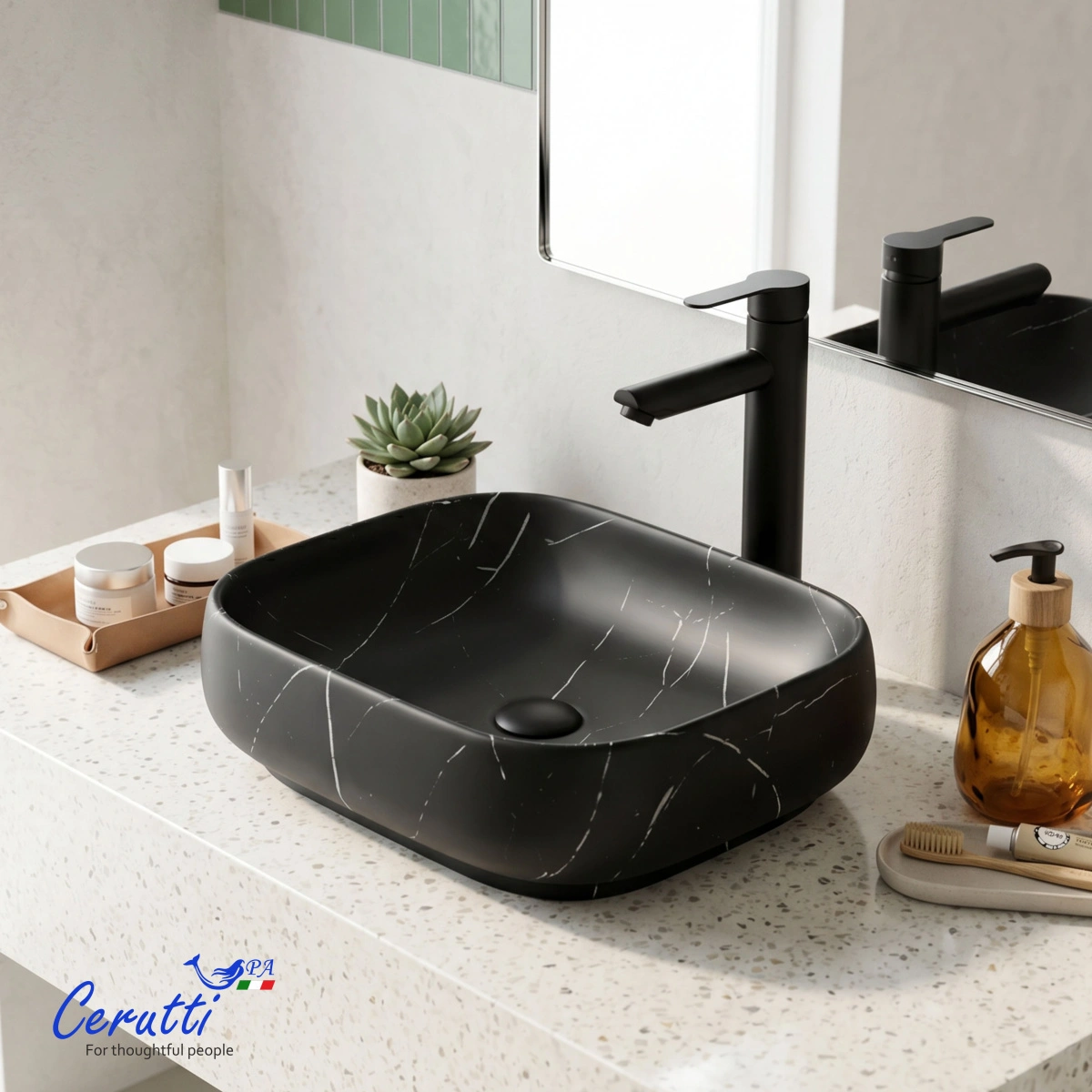 Раковина Ceruttispa CR0086 MMB2 накладная, мрамор матовый черный, прямоугольная 565х400х145 от магазина Vanna-Vanna.ru!