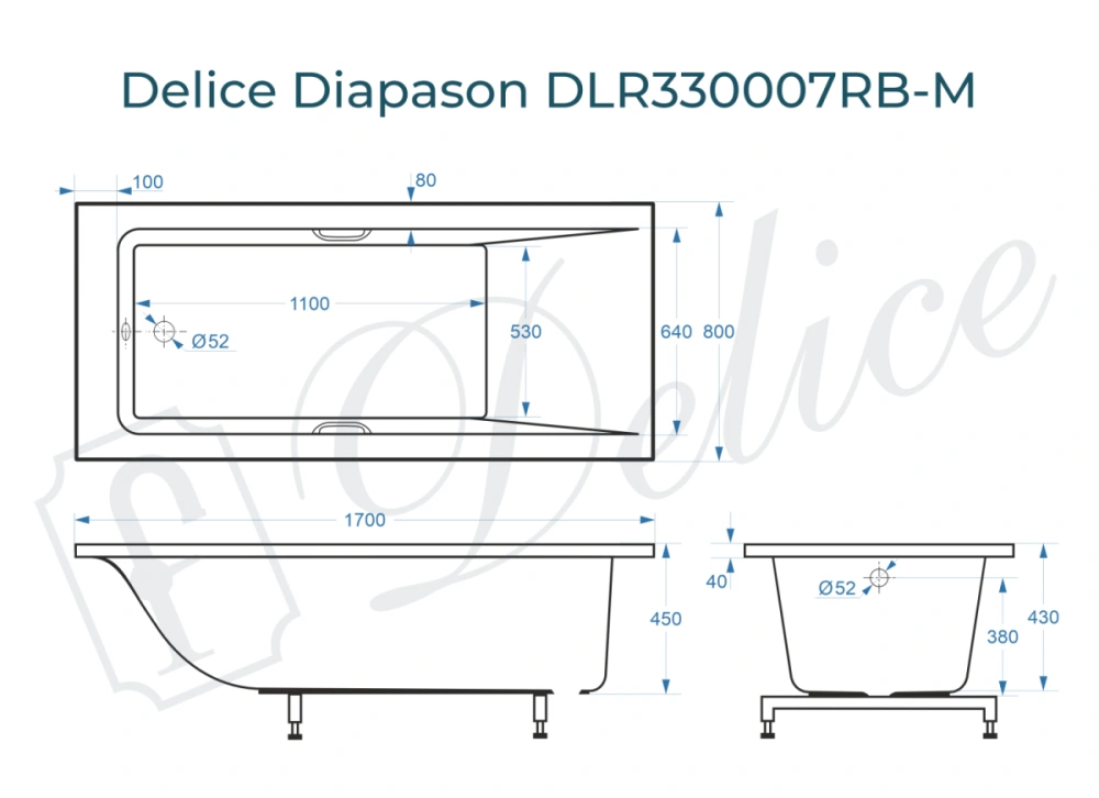Ванна из литьевого мрамора Delice Diapason 170х80 матовая с черными ручками DLR330007RB-M от магазина Vanna-Vanna.ru!