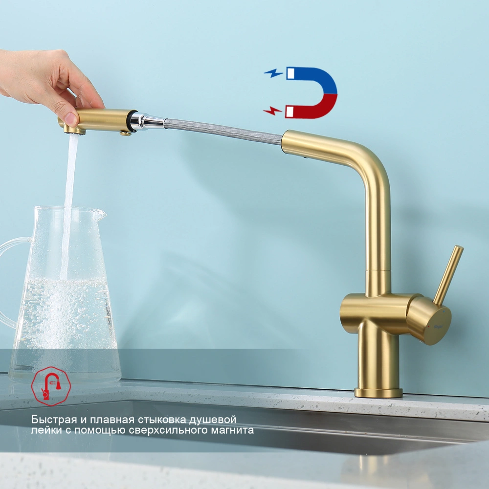 Смеситель для кухни с выдвижным изливом Raglo R86.49.03, золотой сатин от магазина Vanna-Vanna.ru!