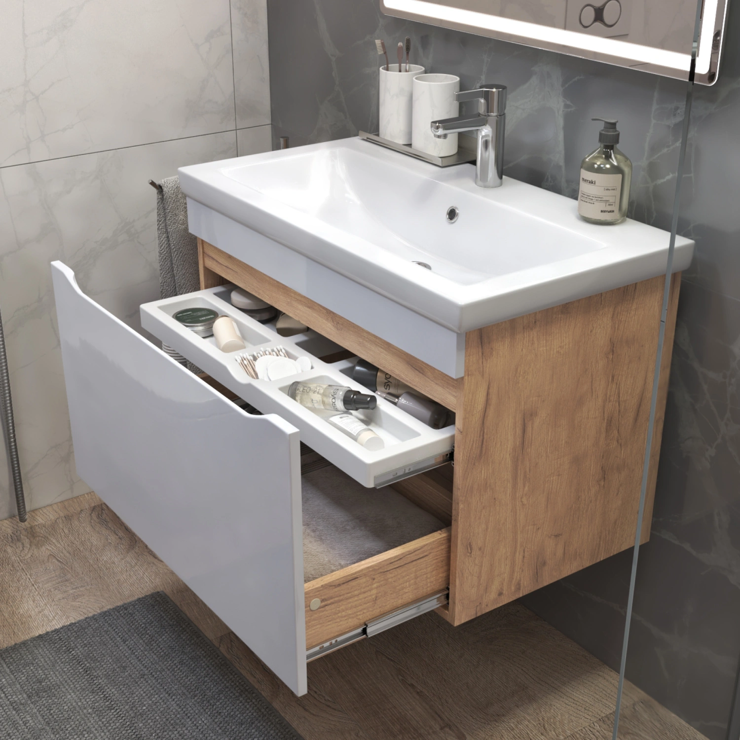 Тумба подвесная Vigo Grani 800-0-1 с раковиной Como 80, 1 ящик, дуб золотой от магазина Vanna-Vanna.ru!