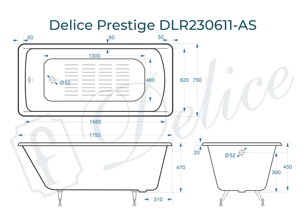 Ванна чугунная Delice Prestige 175х75 DLR230611-AS с антискользящим покрытием от магазина Vanna-Vanna.ru!