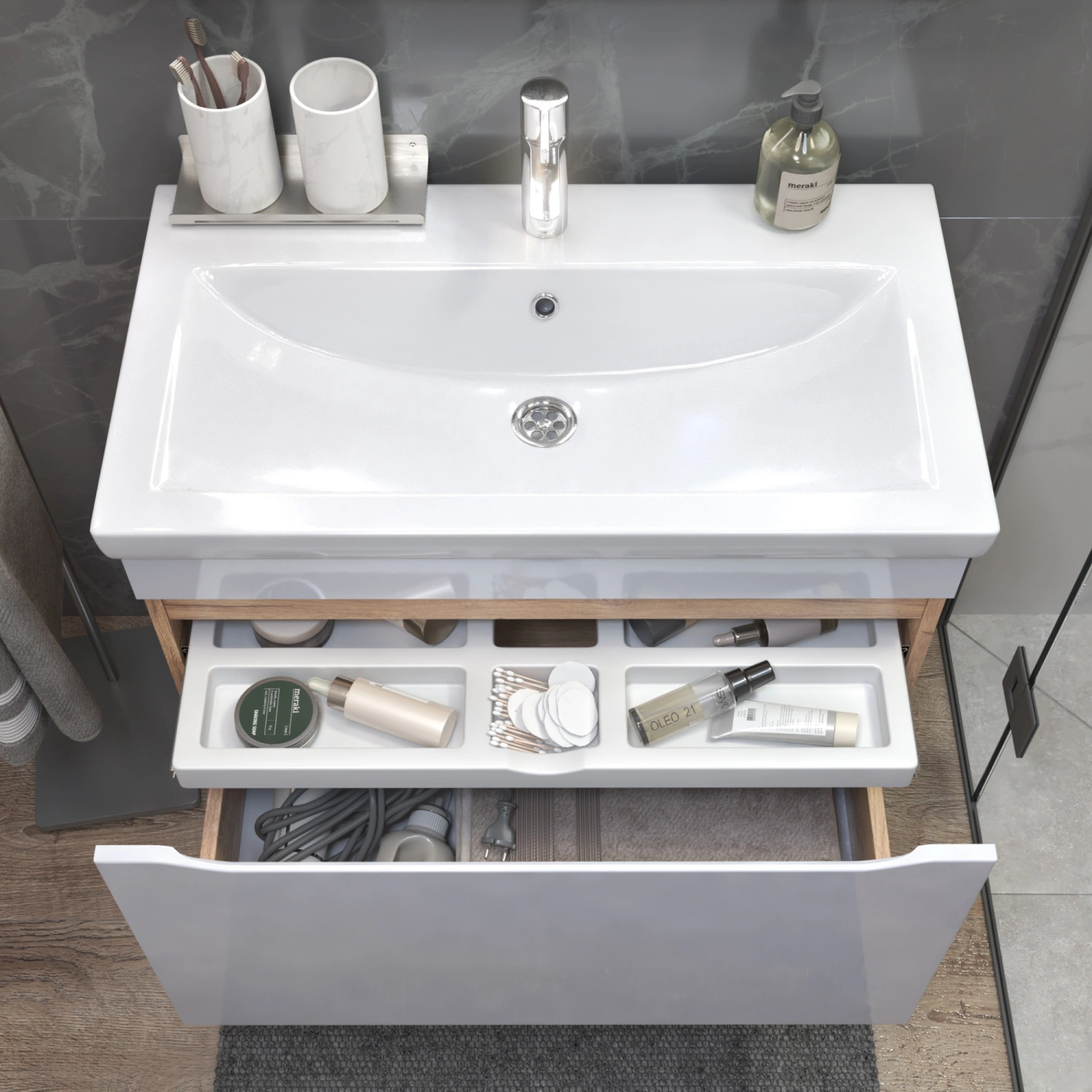 Тумба подвесная Vigo Grani 800-0-1 с раковиной Como 80, 1 ящик, дуб золотой от магазина Vanna-Vanna.ru!