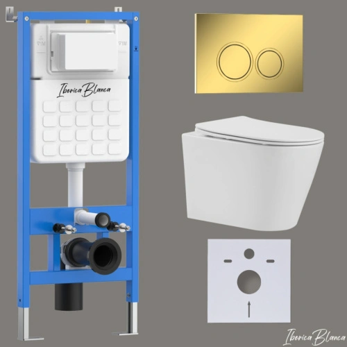 Комплект 3в1 IBERICA BLANCA инсталляция SILENCIO, унитаз BURGOS ALTO белый, кнопка смыва ESTI-O золото глянцевое (IB001.BRA.234.826) от магазина Vanna-Vanna.ru!