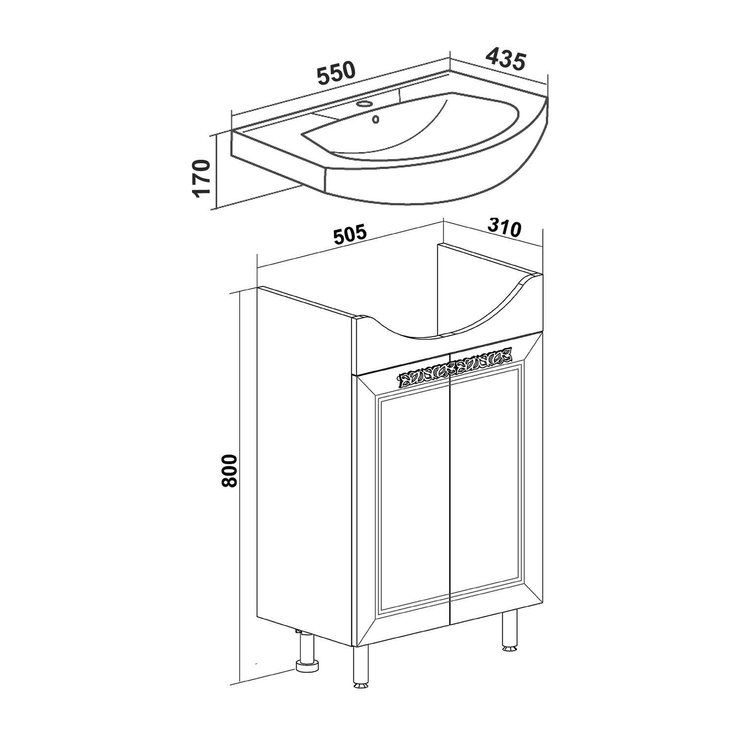Тумба напольная Runo Монро 55 с раковиной Элеганс 55, белый