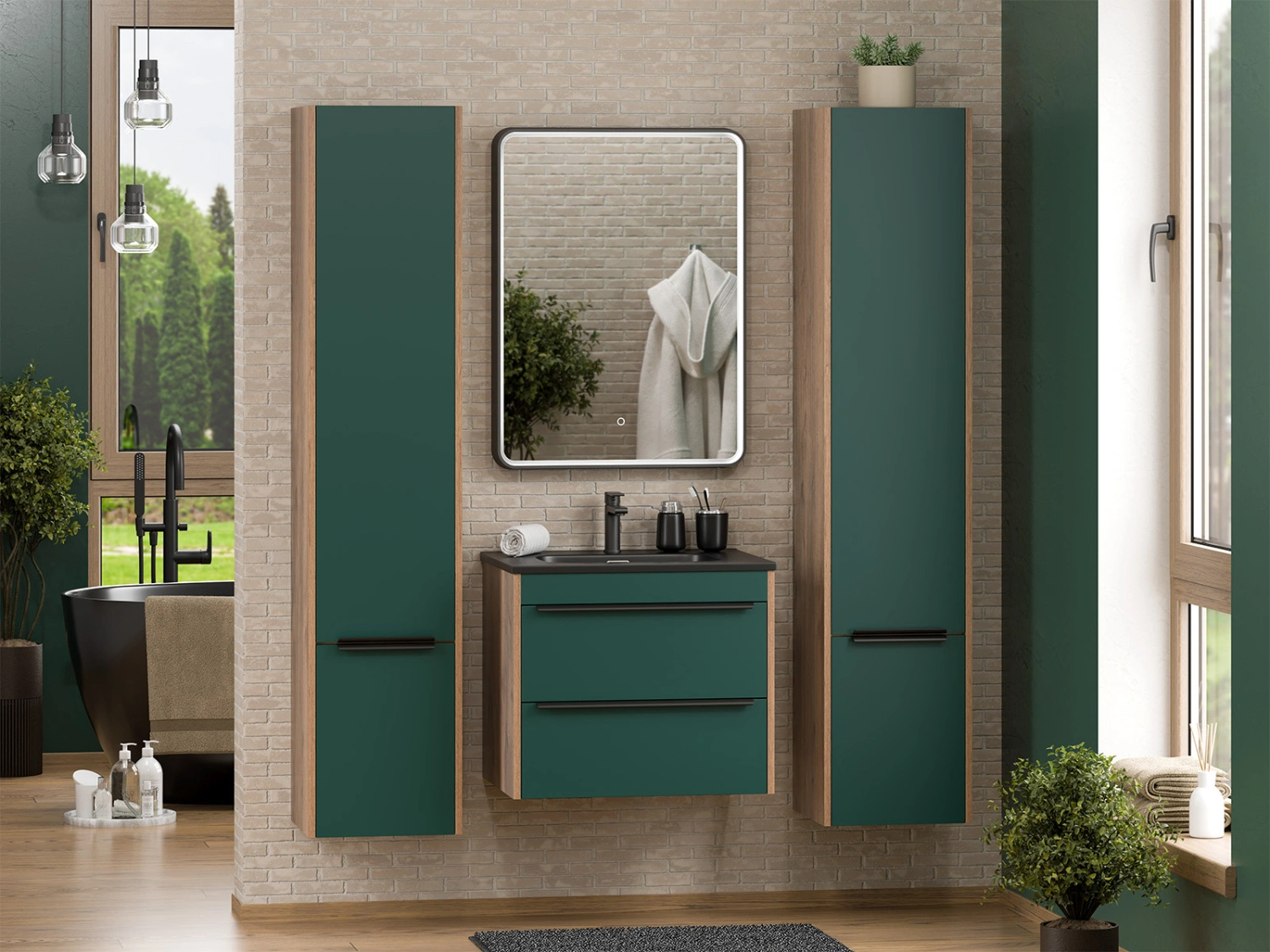 Тумба с раковиной Brevita Greenwood 60 подвесная, зеленый/дуб Галифакс