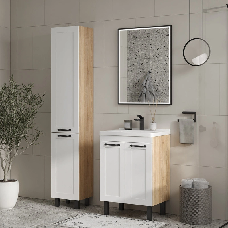 Тумба с раковиной EQUIL Lago 60 напольная, 2 двери, белый/дуб сонома от магазина Vanna-Vanna.ru!