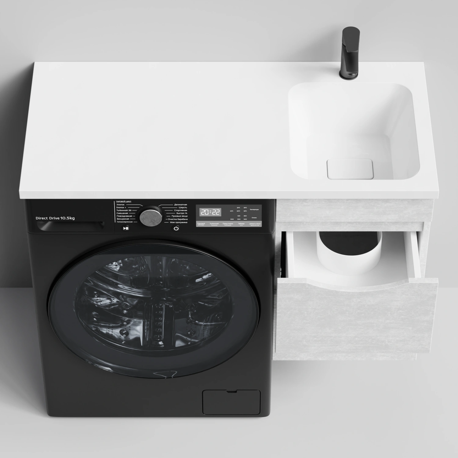 Тумба Vod-ok 38 с раковиной Смайл 100 подвесная, под стиральную машину, правая, Белый камень от магазина Vanna-Vanna.ru!