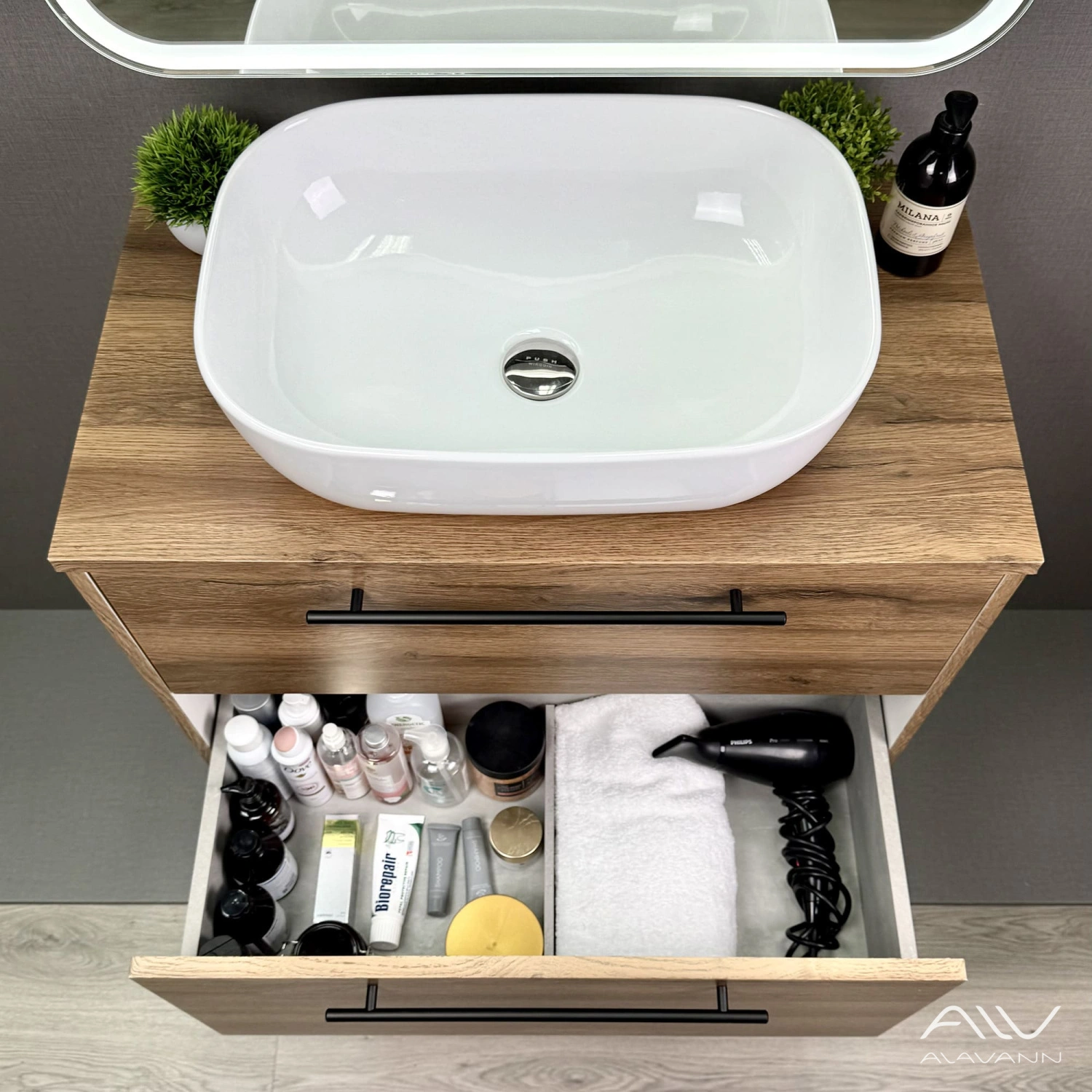 Тумба подвесная Alavann Rondo 80 с раковиной Moduo 50 SQUARE, дуб от магазина Vanna-Vanna.ru!