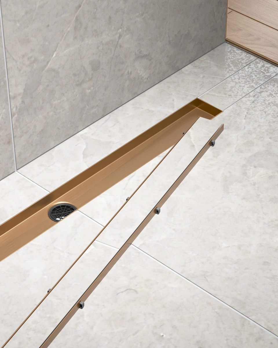 Душевой лоток TIMO Drain System 1000 с двусторонней панелью "plate" под плитку, Розовое золото от магазина Vanna-Vanna.ru!