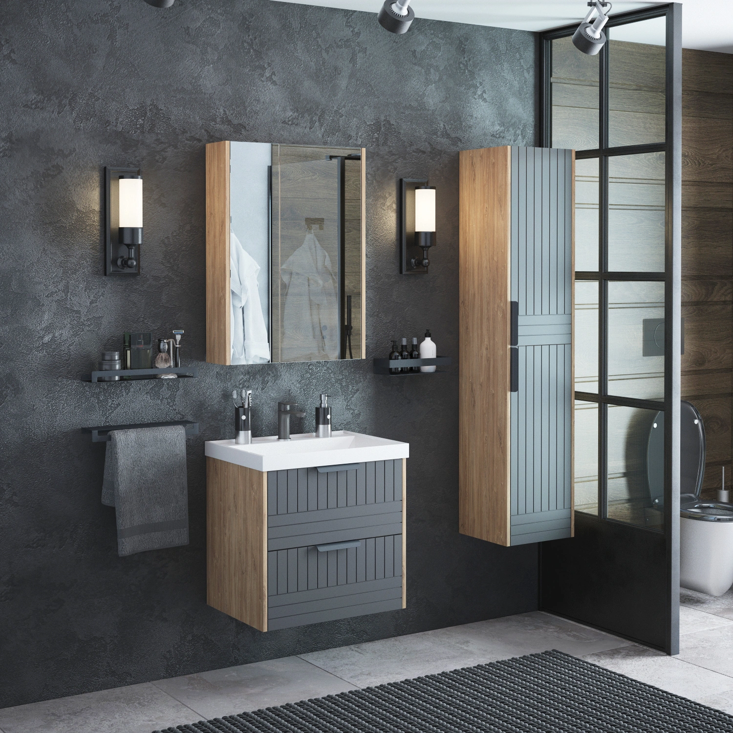 Тумба напольная Corozo Инди 60 с раковиной Сомо 60, дуб канзас/графит от магазина Vanna-Vanna.ru!