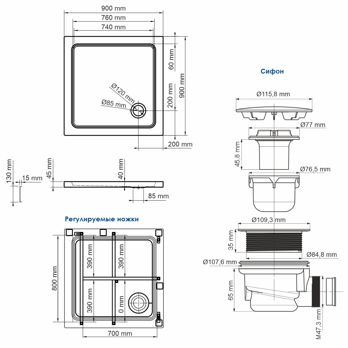 Поддон для душа WasserKraft Amper 29T03 90х90 квадратный, акриловый, белый от магазина Vanna-Vanna.ru!