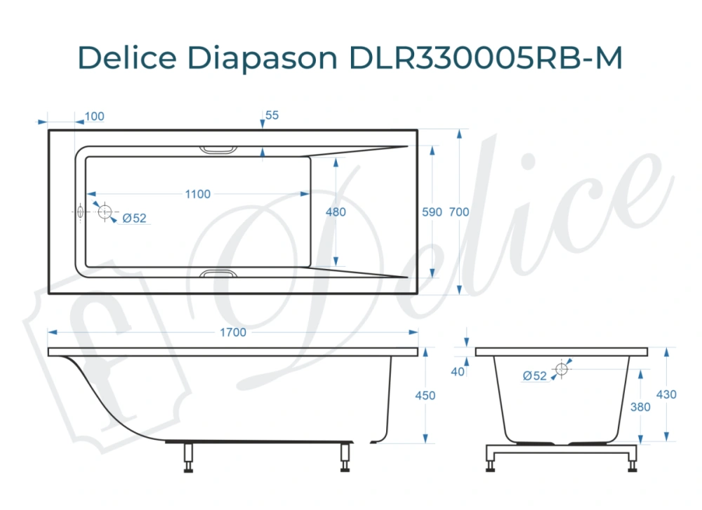 Ванна из литьевого мрамора Delice Diapason 170х70 матовая с черными ручками DLR330005RB-M от магазина Vanna-Vanna.ru!