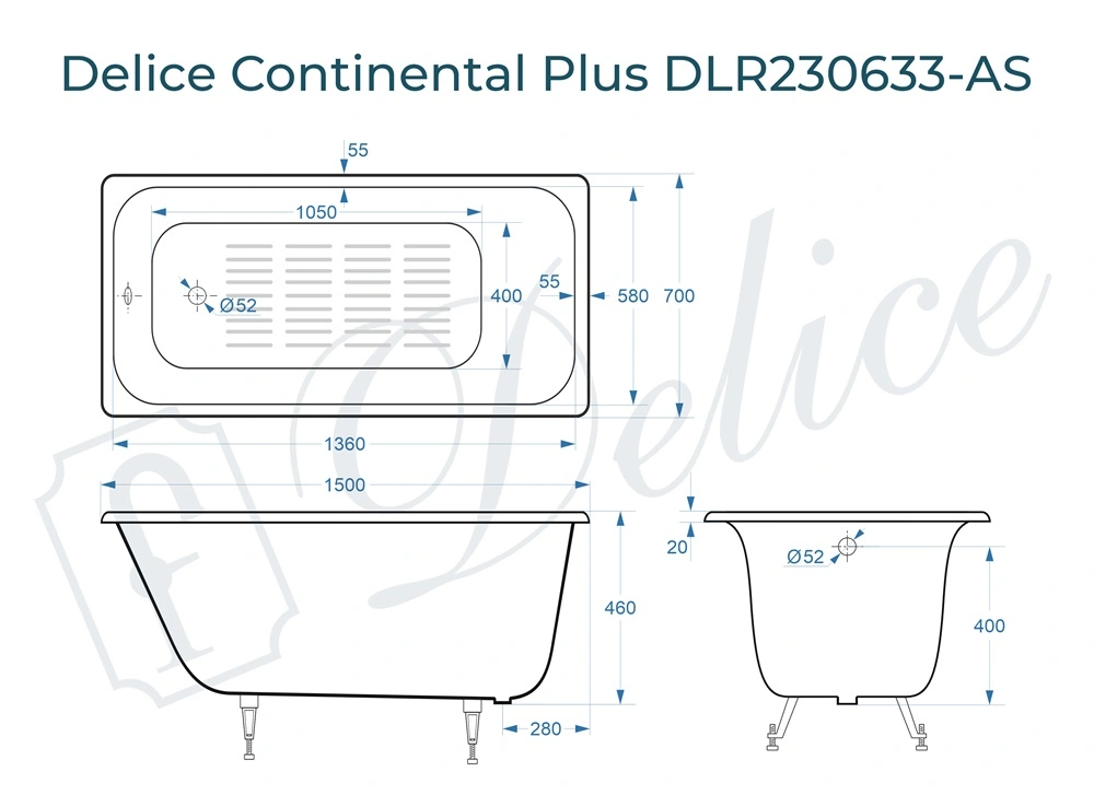 Ванна чугунная Delice Continental PLUS 150х70 DLR230633-AS с антискользящим покрытием от магазина Vanna-Vanna.ru!