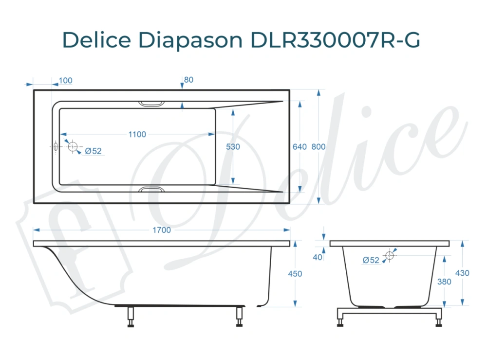 Ванна из литьевого мрамора Delice Diapason 170х80 глянцевая с ручками Хром DLR330007R-G от магазина Vanna-Vanna.ru!