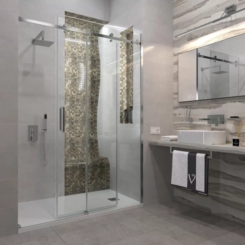 Душевая дверь Veconi VN74-120 в нишу, раздвижная, прозрачное стекло, хром