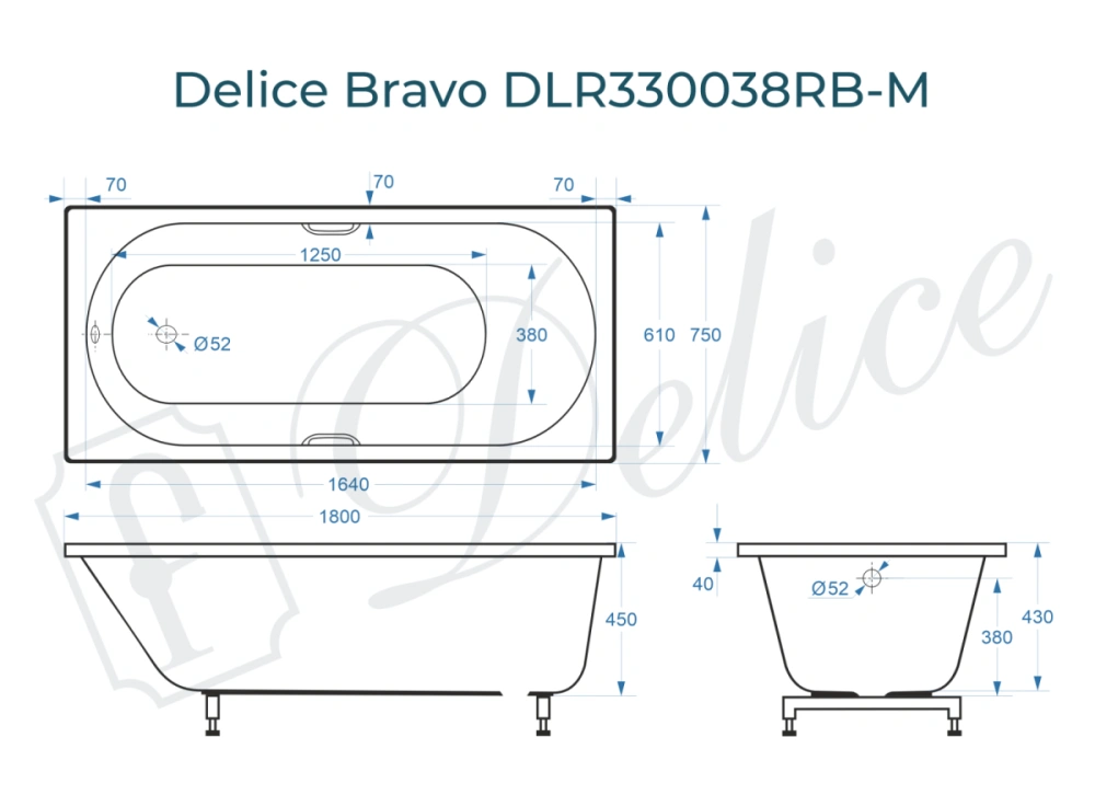 Ванна из литьевого мрамора Delice Bravo 180х75 матовая с черными ручками DLR330038RB-M от магазина Vanna-Vanna.ru!