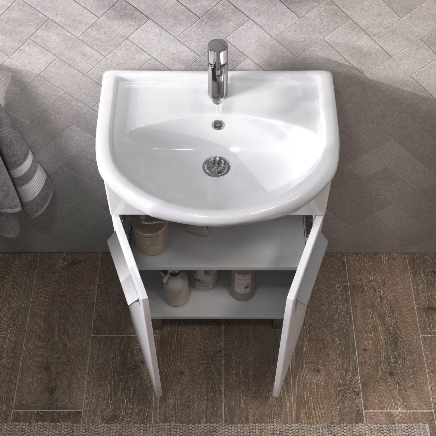 Тумба напольная Vigo Hoska 55 с раковиной Уют 55, 2 двери, белый от магазина Vanna-Vanna.ru!