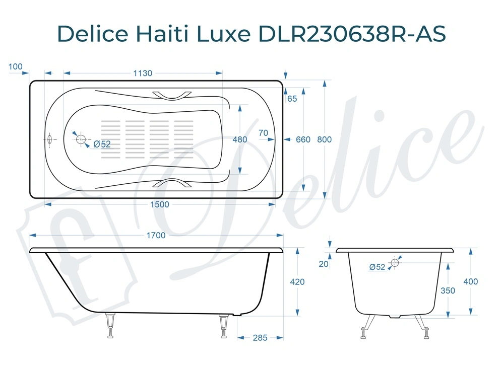Ванна чугунная Delice Haiti Luxe 170х80 DLR230638R-AS с отверстиями под ручки и антискользящим покрытием от магазина Vanna-Vanna.ru!