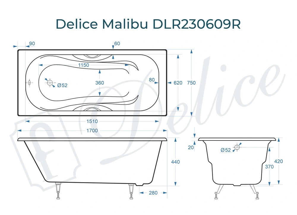 Ванна чугунная Delice Malibu 170х75 DLR230609R с отверстиями под ручки от магазина Vanna-Vanna.ru!