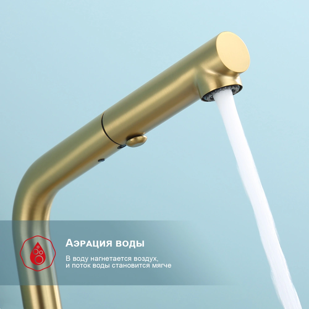 Смеситель для кухни с выдвижным изливом Raglo R86.49.03, золотой сатин от магазина Vanna-Vanna.ru!