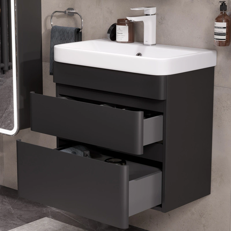 Тумба EQUIL Eltoro с раковиной Nice 60 подвесная, 2 ящика, черный софт